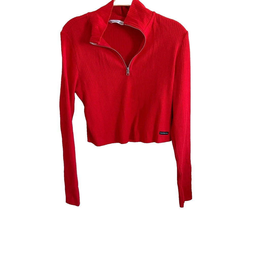 Calvin Klein Womens Rigo Red‎ Waffle Ribbed Long Sleeve Crop Top Size M NWOT